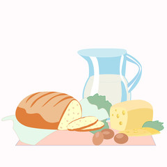 Bread and sliced cheese, a pitcher of milk, eggs and greens.
