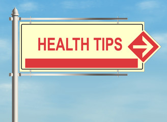 Health tips. Road sign on the sky background. Raster illustration.