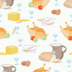 Pattern with food, dish, glass, baked chicken, bread and cheese sliced.