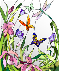 Naklejki  Witraż z kwiatami i motylami