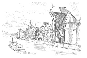 Fototapeta premium Gdansk old town and famous crane, Polish Zuraw. View from Motlawa river, Poland at romantic sunset, night. The city also known as Danzig and the city of amber.