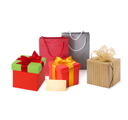 Paper shopping bags and box, tag, ribbon isolated on white. Set