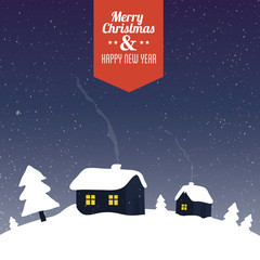 Snow-covered cabins and pine trees in the night winter scenery. Christmas greeting card vector illustration.