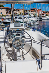 Helm Of The Modern White Yacht-Port Grimaud-France