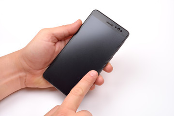 Close up shot of a man holding a modern smartphone and pointing