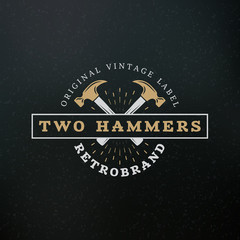Crossed Hammers. Vintage Retro Design Elements for Logotype, Insignia, Badge, Label. Business Sign Template. Textured Background