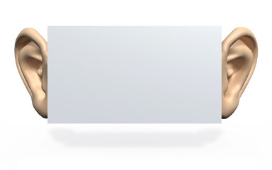 big ears beside a blank panel, 3d illustration