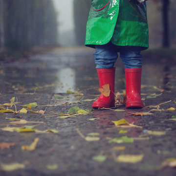 Baby walking in autumn rainy park