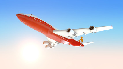 Place flying in sunset sky.