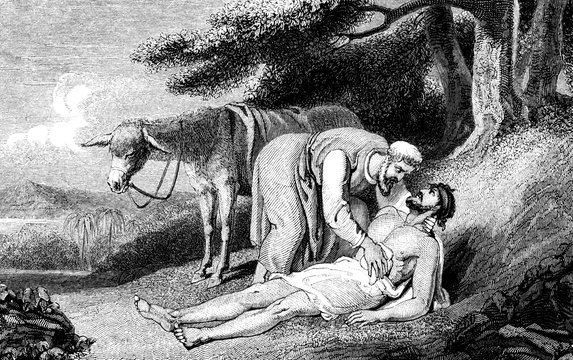 An engraved vintage illustration image of  the parable of the Good Samaritan, from a Victorian book dated 1836 that is no longer in copyright