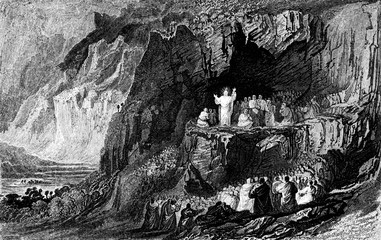 An engraved vintage illustration image of  Jesus at the Sermon on the Mount from a Victorian book dated 1836 that is no longer in copyright