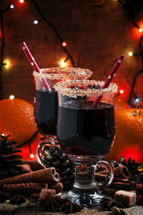 Christmas mulled wine with brown sugar crumble glasses with oran