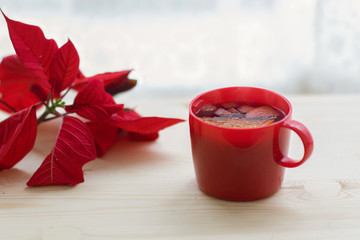 Cup of mulled red wine for Christmas on wooden table with poinsettia