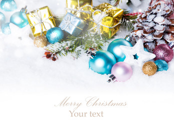 Christmas background with a ornament on snow, Holiday decoration