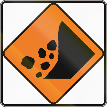 New Zealand Road Sign - Falling Rocks Or Debris On Right