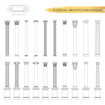 Classical Architectural Column Drawings In Set. Vector Drawing Design Elements For Classic Architecture