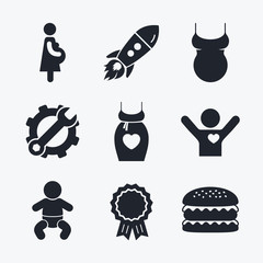 Maternity icons. Baby infant, pregnancy, dress.