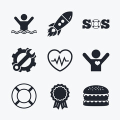 SOS lifebuoy icon. Heartbeat cardiogram.