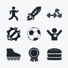 Football ball, Roller skates, Running icons.