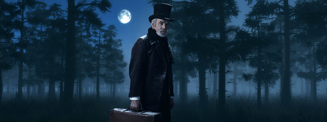 Dickens Scrooge Man with Suitcase in Foggy Winter Forest at Moon - obrazy, fototapety, plakaty