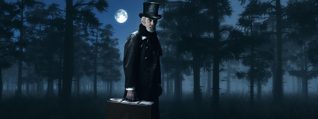Dickens Scrooge Man with Suitcase in Foggy Winter Forest at Moon - obrazy, fototapety, plakaty