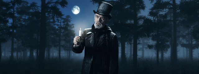 Fototapeta premium Dickens Scrooge Man with Candlestick in Foggy Winter Forest at M