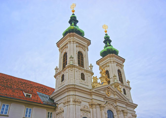 Fototapeta na wymiar Fragment of Church of Our Lady of Succor in Graz in Austria in J