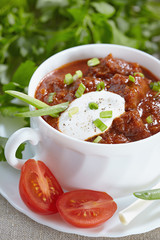 Hungarian cuisine. Goulash served in a white tureen