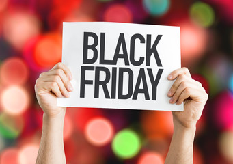 Black Friday placard with red lights on background