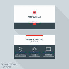 Modern Creative and Clean Business Card Template in Red Color with Big Icons. Flat Style Vector Illustration
