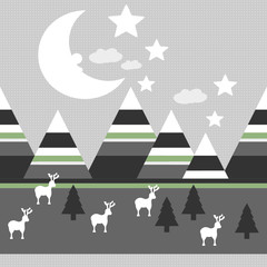 winter scene with reindeer, mountains, moon and trees, repeating pattern