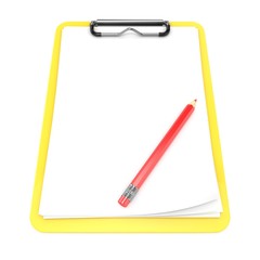 Yellow clipboard and blank paper. 3D render illustration isolated on white background