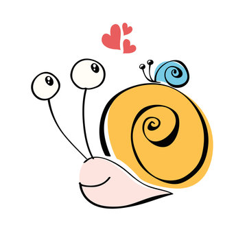 Cute mama snail with baby snail on her shell,  Vector illustration