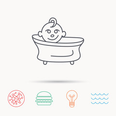 Baby in bath icon. Toddler bathing sign.