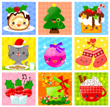 collection of cute kawaii style Christmas cartoons