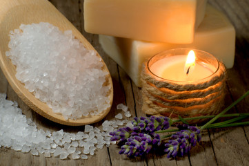 Natural spa setting with lavender and bath salt