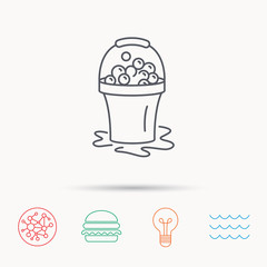 Soapy cleaning icon. Bucket with foam and bubble