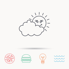 Cloudy day with sun icon. Overcast weather sign.