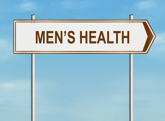 Men's health. Road sign on the sky background. Raster illustration.