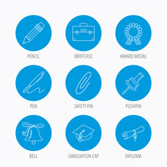 Graduation cap, pencil and diploma icons.