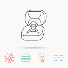 Engagement ring icon. Jewellery box sign.