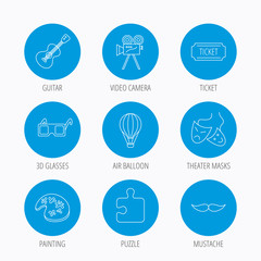 Puzzle, guitar music and theater masks icons.