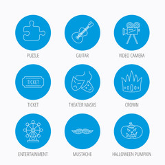 Puzzle, guitar music and theater masks icons.