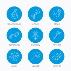 Hammer, hothouse and watering can icons.