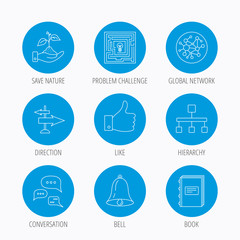 Global network, like and conversation icons.