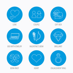 Love heart, brilliant and engagement ring icons.