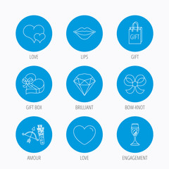 Love heart, brilliant and engagement ring icons.