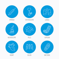 Broken foot, lungs and syringe icons.