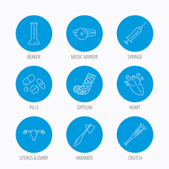 Syringe, beaker and pills icons. Medical signs.