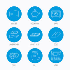 Piggy bank, cash money and wallet icons.